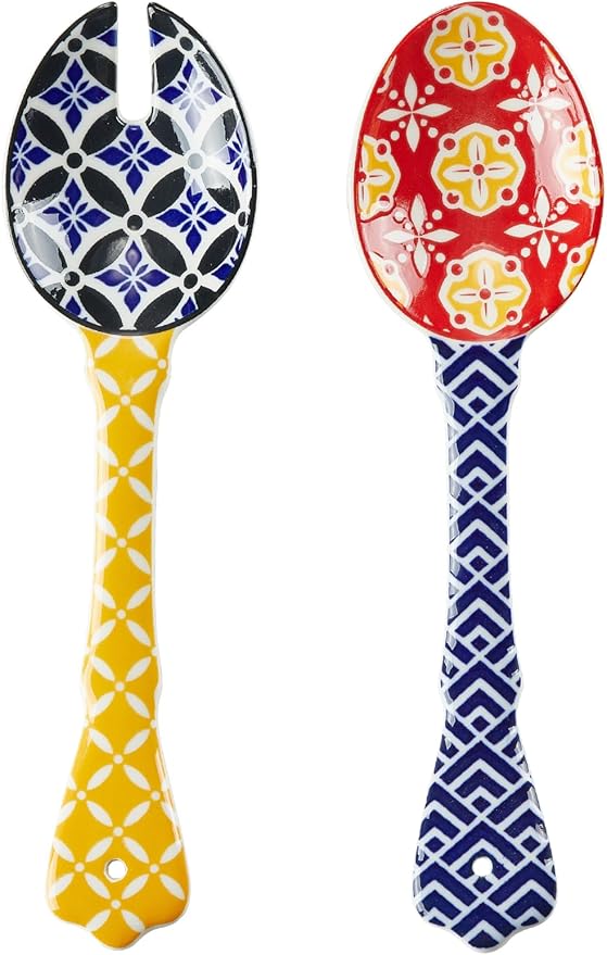 Ceramic Salad Servers, 9" Salad Spoon and Fork Set, Salad Tongs for Mixing, Tossing, Cooking and Stirring, Dishwasher & Microwave Safe, Set of 2, Yellow & Blue
