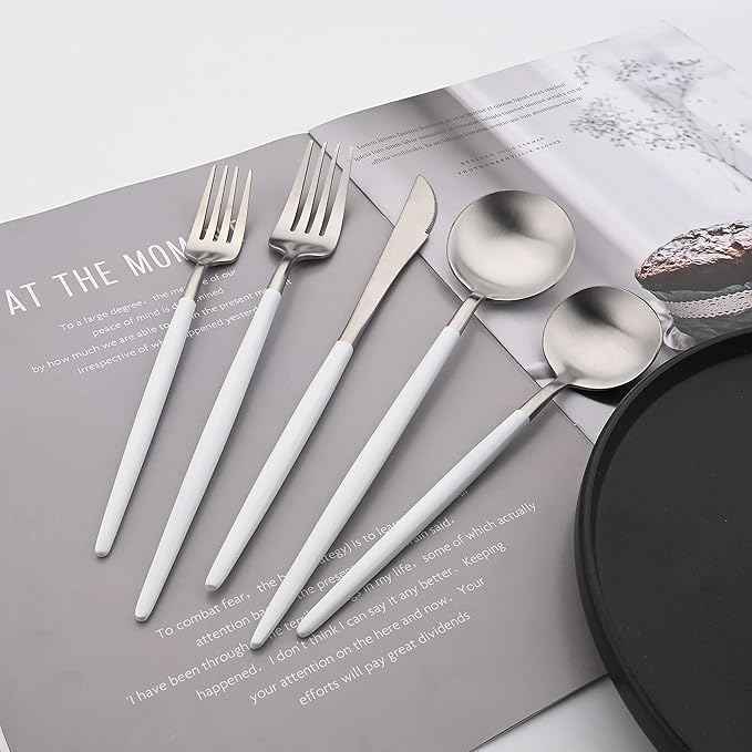 Flatware Set 18/10 Stainless Steel Matte White Handle Silver - Kitchen Utensil Serving Set of Dinner Fork Knife Spoons Salad Fork Dessert Spoon,20 Piece, Service for 4 (White + Silver)
