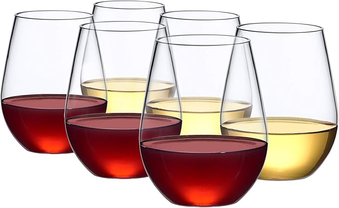Amazing Abby - Cynthia - 20-Ounce Unbreakable Tritan Wine Glasses (Set of 6), Plastic Stemless Wine Tumblers, Reusable, BPA-Free, Dishwasher-Safe, Perfect for Poolside, Outdoors, Camping, and More