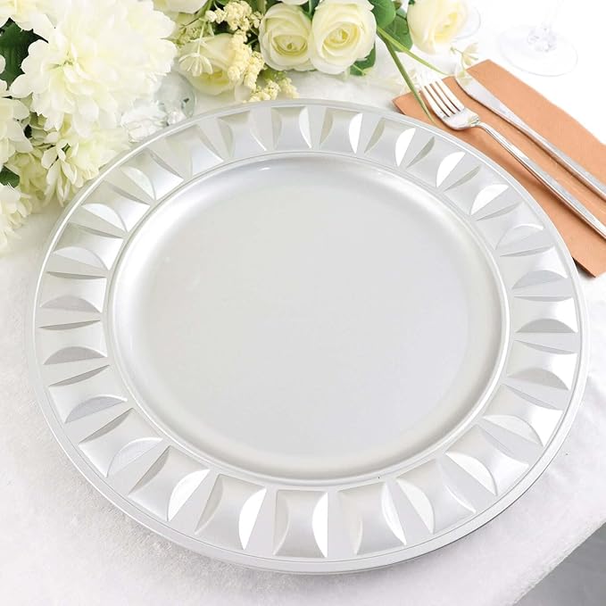 Efavormart 6 Pack | 13" Silver Round Bejeweled Rim Plastic Dinner Serving Trays, Disposable Charger Plates