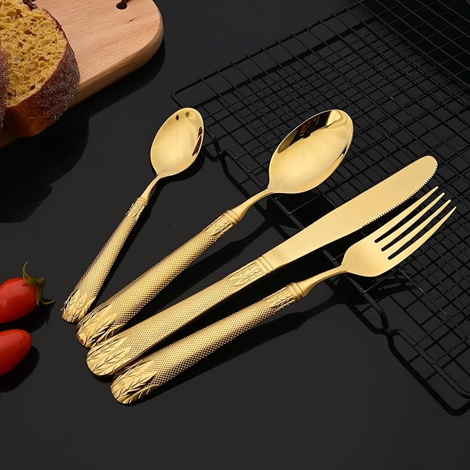JASHII 304 Stainless Steel Hammered Silverware Set with Wheat Spike Pattern, Modern Eating Tableware Flatware Set, Service for 6. Flat Handle, Dishwasher Safe - Shiny Gold