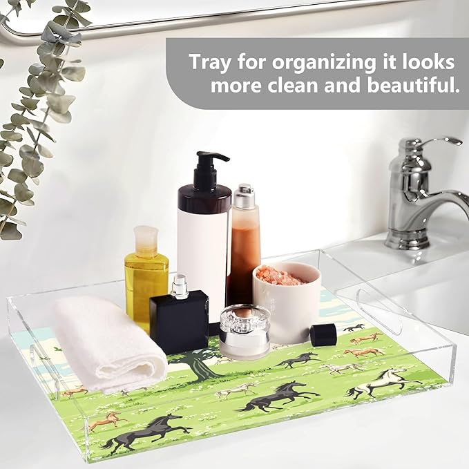 Serving Tray with Handles Clear Acrylic Tray 12x16 Inch Decorative Rectangular Tray Organizer for Ottoman Coffee Table Bathroom Green Grassland Tree and Horses