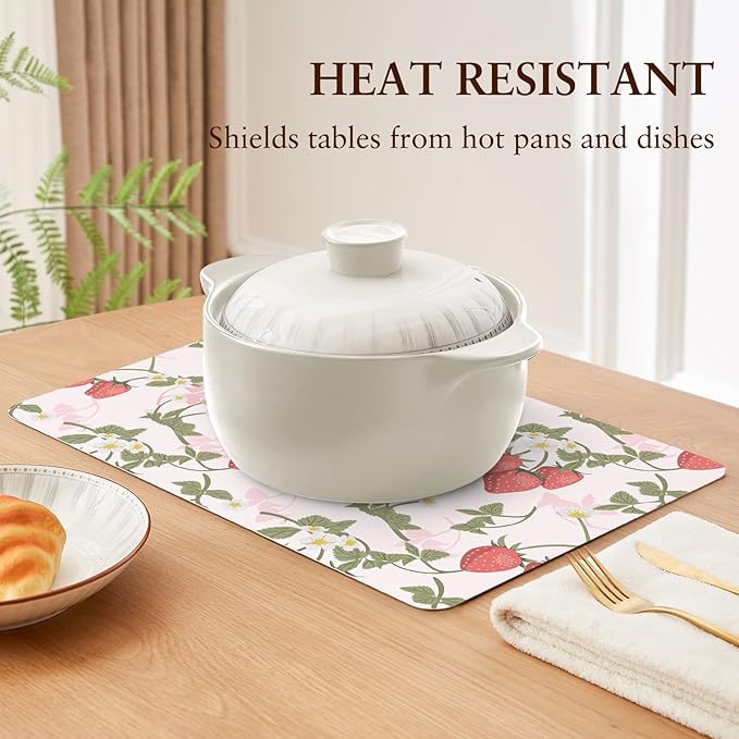QIYI Placemats Set of 6, 12x18 Inch PU Leather Place Mats for Kitchen Dinning, Heat Resistant Anti Slip Pink Table Mats, Waterproof Wipeable Washable Placemat Party Table Décor, Sweet Strawberry