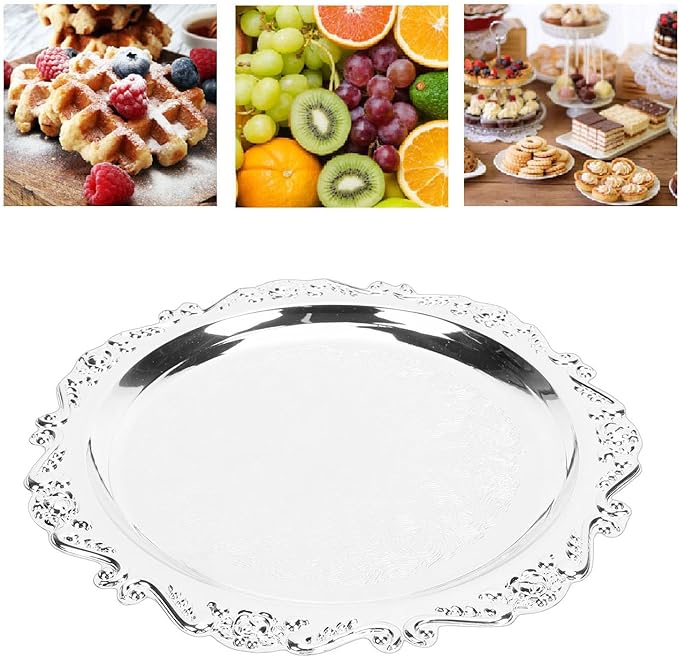Serving Tray, Vintage Floral Engraved Silver Decorative Tray, Floral Engraved Serving Platter with Mirror Finish for Kitchens, Homes, Parties, Buffets, Outdoor Camping (25cm)