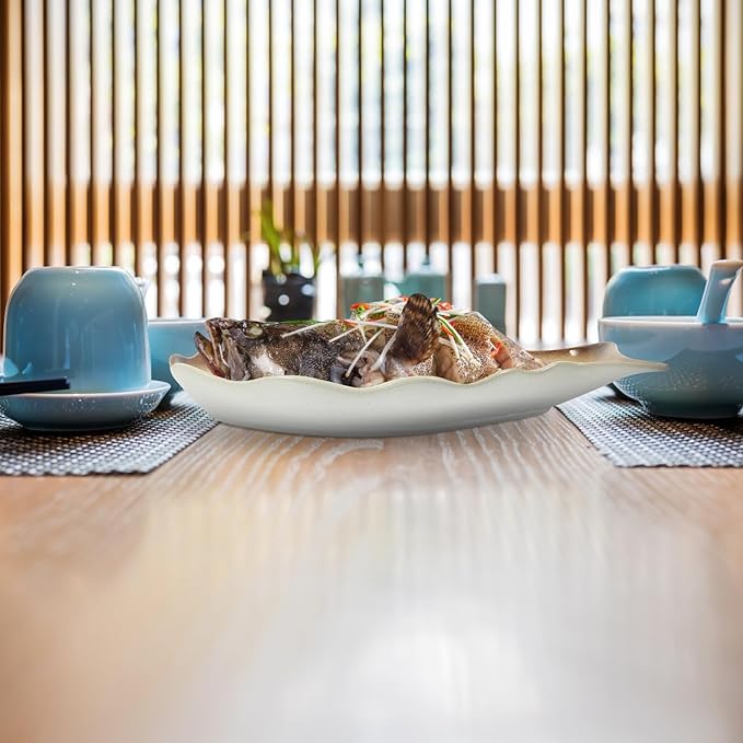 DOITOOL Large Ceramic Fish Serving Plate Japanese Style Fish-shaped Dinnerware Warm Autumn Tone Household Food Plate for Kitchen and Restaurant Use