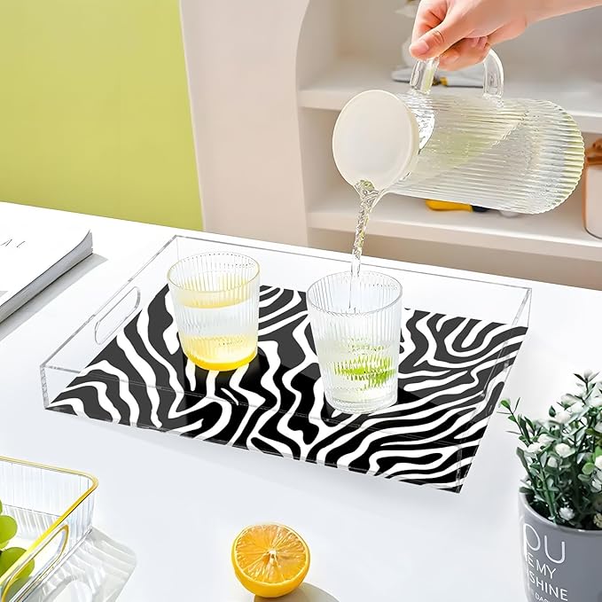 Serving Tray with Handles Clear Acrylic Tray 12x16 Inch Decorative Rectangular Tray Organizer for Ottoman Coffee Table Bathroom White Black Zebra Print