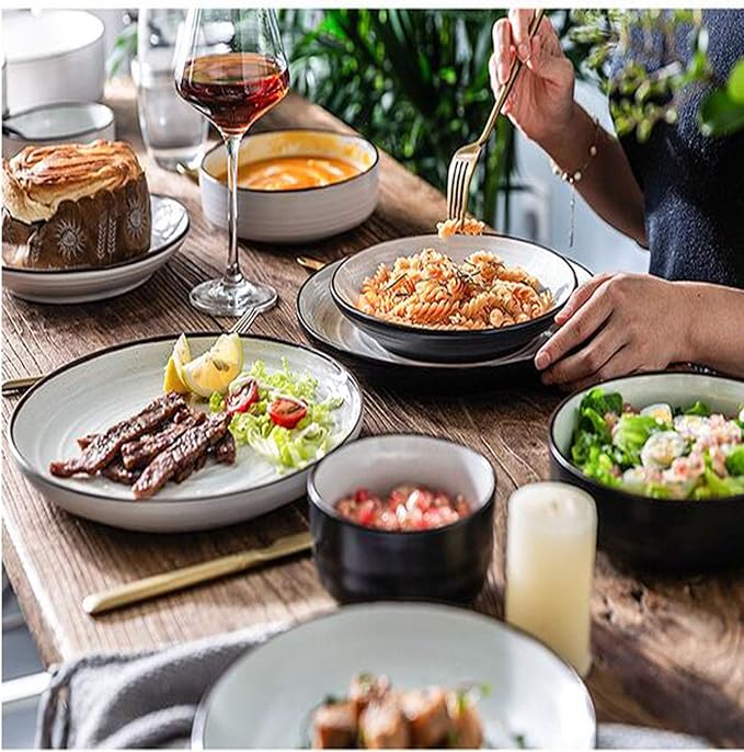 Ceramic Bowls Plates Dinnerware Set Crockery Dinner Set Dessert Plate Black and White Collocation Contracted Style Fashion and Durable,B,B