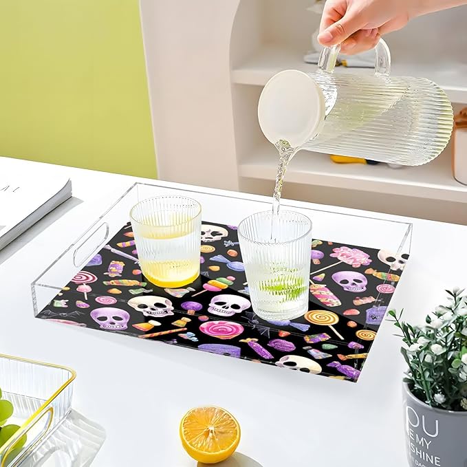 Serving Tray with Handles Clear Acrylic Tray 12x16 Inch Decorative Rectangular Tray Organizer for Ottoman Coffee Table Bathroom Halloween Skulls Lollipops Candies