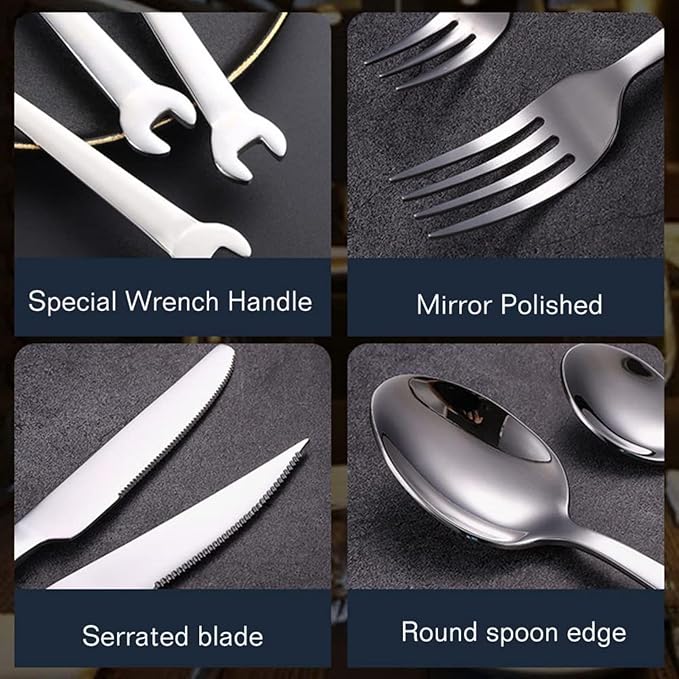 24 PCS Stainless Steel Cutlery Set Wrench Handle, Knife, Fork, Spoon Tableware Set for 4,Personalized Gift
