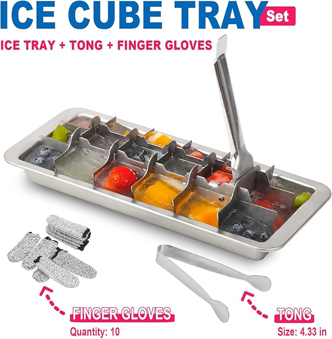 KAYCROWN 18/8 Stainless Steel Ice Cube Tray, 18 Slot Ice Cube Tray with Easy Release Handle for Making Various Large Ice Cubes, Removable Slots for Easy Ice Cube Removal (Tweezers & Finger Gloves)