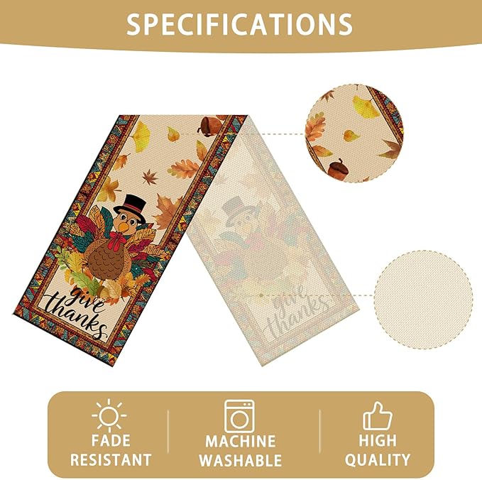 Turkey Thanksgiving Table Runner Seasonal Fall Kitchen Dining Linen Table Decoration for Indoor Outdoor Home Party Decor 13 x 72 Inch