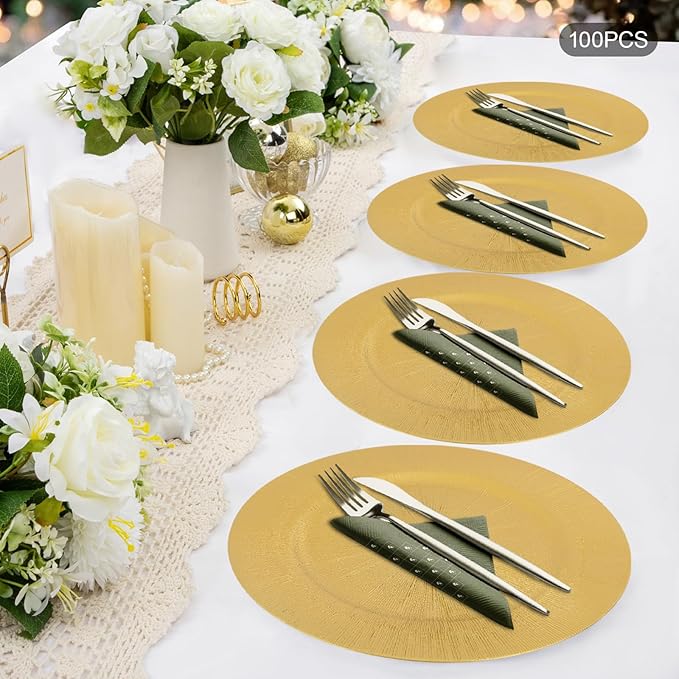 100 Pcs Antique Charger Plates Bulk 13 Inch Embossed Rim Plastic Party Dinner Plate Chargers Round Decorative Server Plate for Wedding Party Event Tableware (100pcs-gold2)