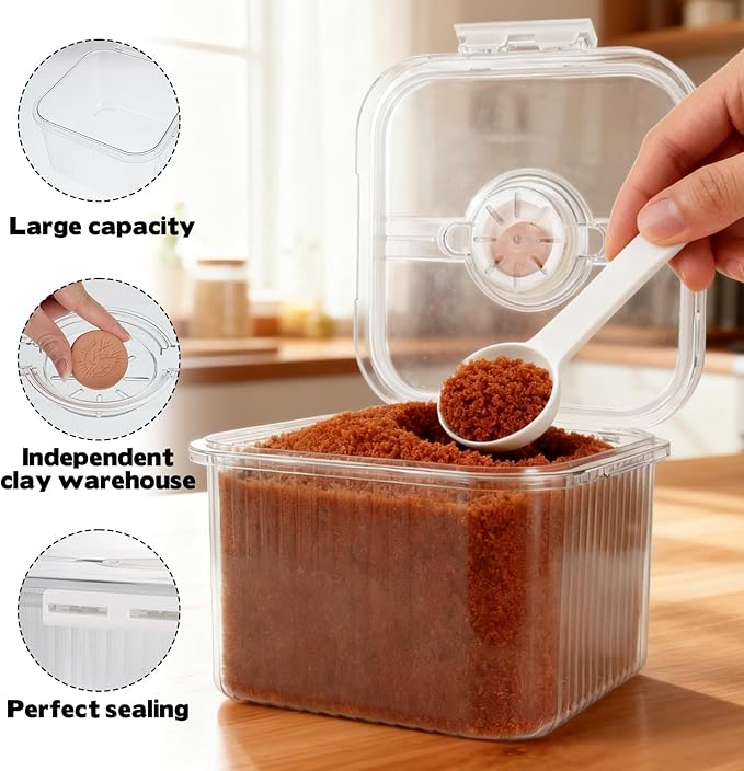 Airtight Brown Sugar Container 5.2Qt(5L) Large Brown Sugar Keeper Storage Container with Spoon Plastic Clear food Saver Jar Canisters with lid for home kitchen Rice Container Baking Salt Snack