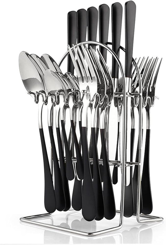 24 Pieces Flatware Set, Stainless Steel Cutlery Set with Silverware Holder, Spoons Forks Knives Set,Hanging Silverware Set Service for 6,Durable Stainless Steel Utensils Set (Black)