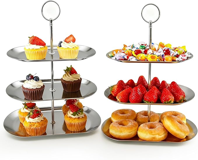 2PCS 3 Tiers Stainless Steel Cupcake Stand 3 Tiers Fruit Tray Dessert Plate Dessert Stand for Party Cupcake Display Tower for Birthday Wedding Afternoon Tea (Silver)