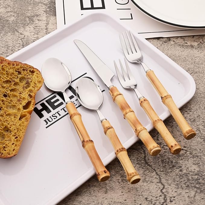 6-Piece Bamboo Silverware Set, Stainless Steel Flatware Hostess Serving Set Bamboo Utensils Tableware Set for Home Camping Travel Hotel - 6pcs Dinner Spoon