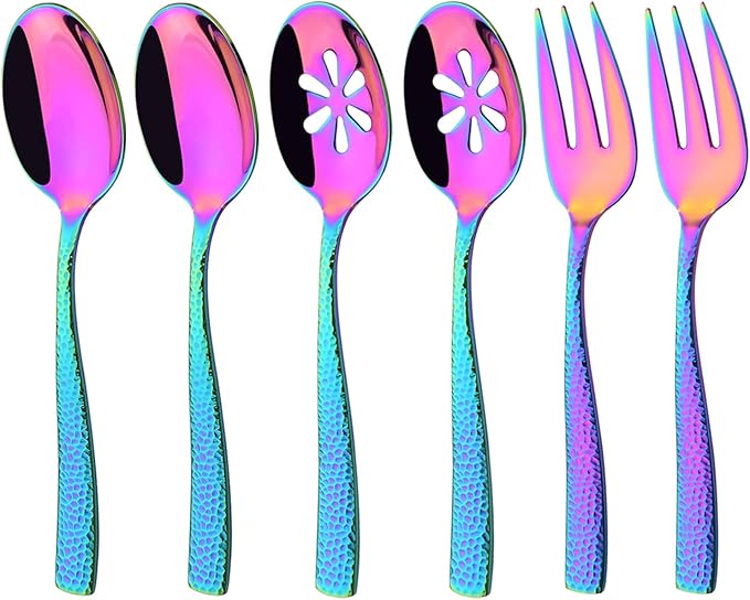 6 PCS Hammered Serving Utensils, Uniturcky Stainless Steel Serving Spoons Set, Square and Thick Hostess Serving Set, Includes 2 Serving Spoon 2 Serving Fork and 2 Slotted Spoon, Mirror Rainbow