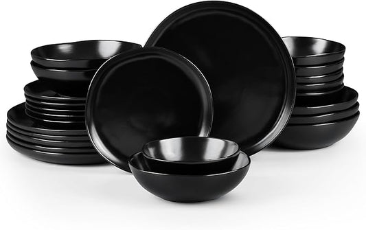 HaWare Plates and Bowls Set, Stoneware Dinnerware Sets, 24-Piece Hand-painted Dishware for 6, Ceramic Dish Set for Home Kitchen, Scratch Resistant, Microwave and Dishwasher Safe, Matte Black