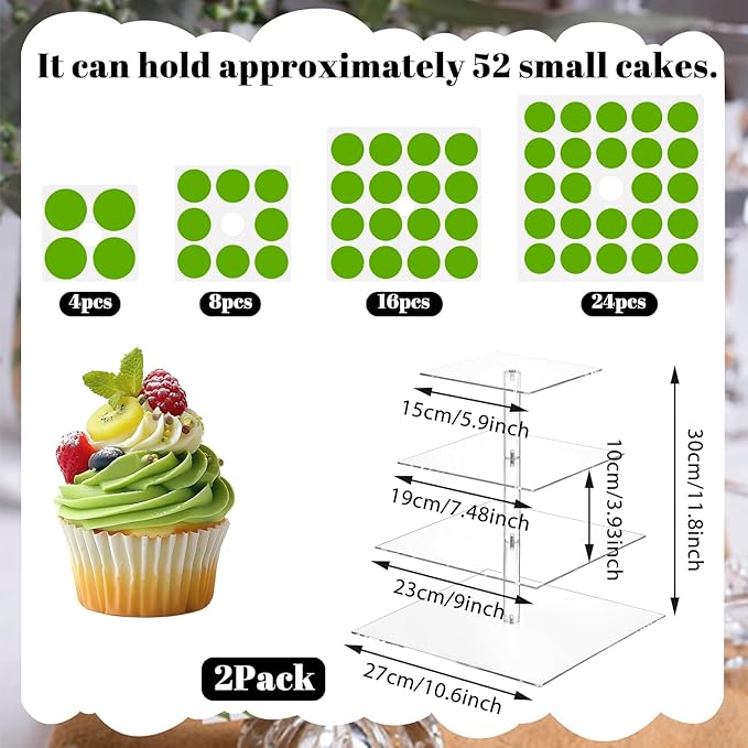 SHENLIU 2 Pack 4 Tier Acrylic Cupcake Stand for 50 Cupcakes, Large Square Cupcake Tower, Clear Acrylic Cupcakes Holder Display Dessert Stand for Birthday, Wedding, Baby Shower, Halloween, Party DéCor