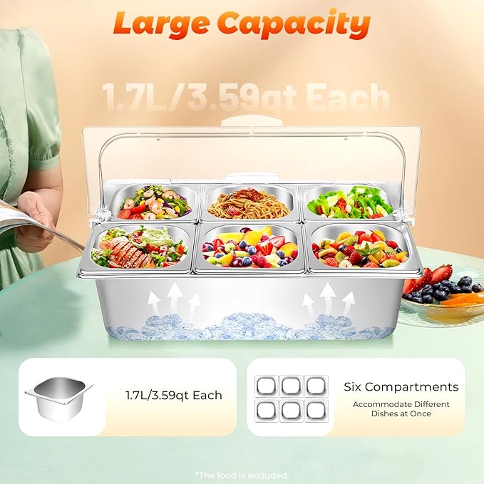 6 Pans Countertop Food Serving Display Container Stainless Steel Food Serving Tray Buffet Condiment Dispenser Display Rack Chilled Serving Trays for Restaurant Hotel Party Salad Bar, 1.45L x 6