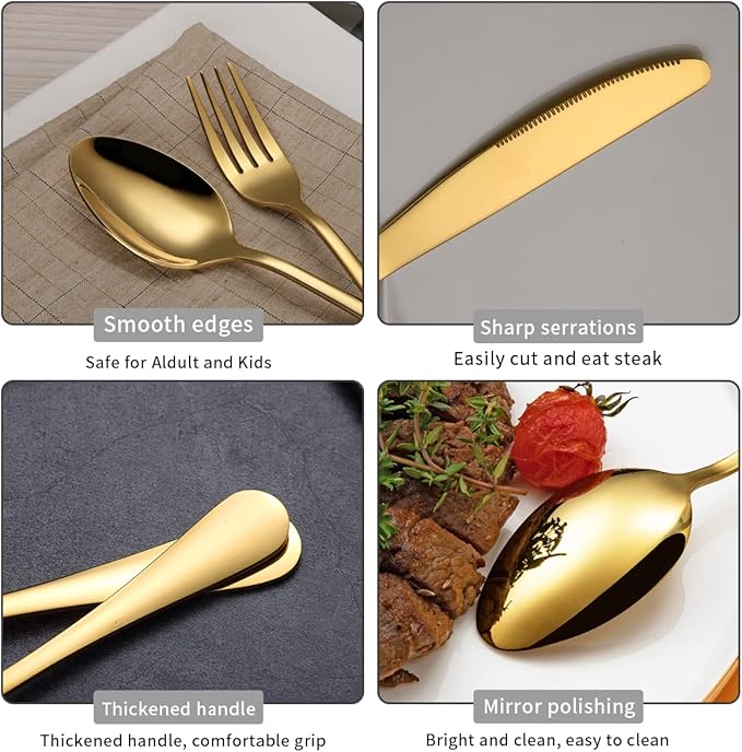 Kyraton Gold Silverware Set 45 Pieces Service for 8,Titanium Golden Plating Flatware Sets Cutlery Set, Spoons and Forks Silverware Dishwasher Safe, First Apartment Must Haves Utensils Set
