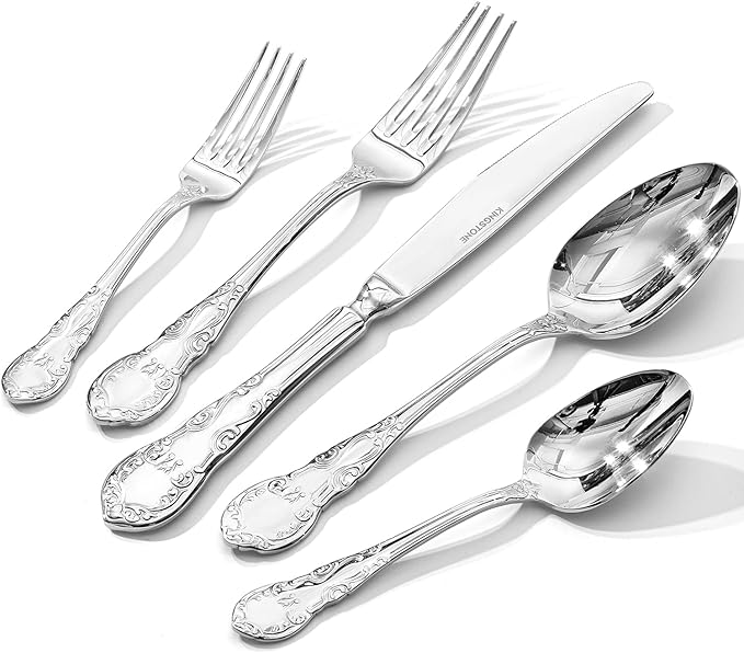 KINGSTONE Vintage Silverware Set, 40-Piece 18/10 Stainless Steel Retro Royal Flatware Cutlery Set for 8 with Carved Thick Handles, Tableware Utensils for Home,Party,Restaurant,Wedding,Dishwasher Safe