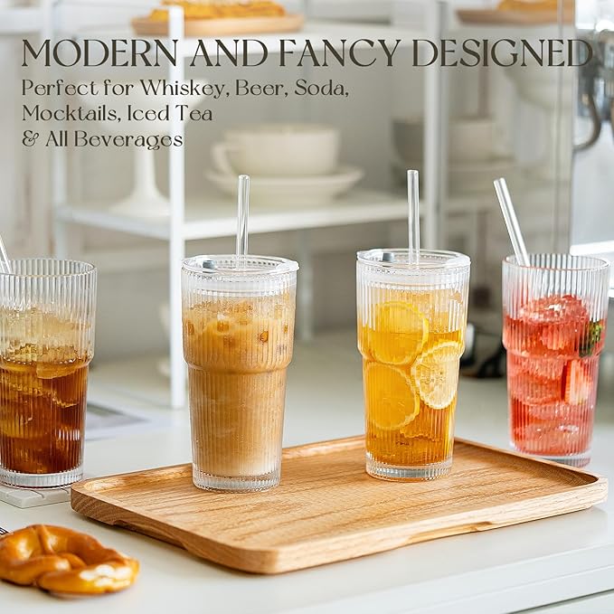 KEMORELA 2-Pack 20 oz Ribbed Glass Tumblers with Lids and Glass Straws – Vintage Iced Coffee Cups, Reusable Smoothie & Cocktail Drinking Glasses, Clear Glassware for Home or Cafe