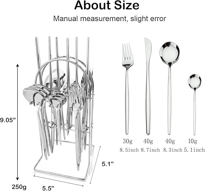 JASHII 24-piece Forks and Spoons Silverware Set with Stand, Metal Tableware Cutlery Set White and Silver Plated Stainless Steel Flatware Set,Service for 6,Mirror Polished