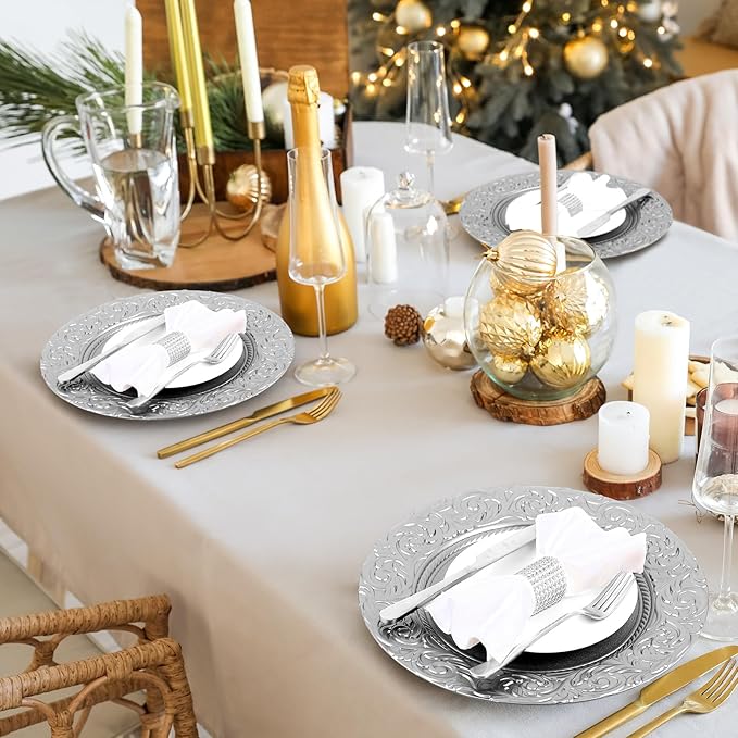 Uiifan 24 Pcs Antique Charger Plates Bulk 13'' Plastic Embossed Dinner Plate Chargers Round Floral Plates for Wedding Decorative Chargers for Table Dinner Kitchen Party Decoration (Silver)