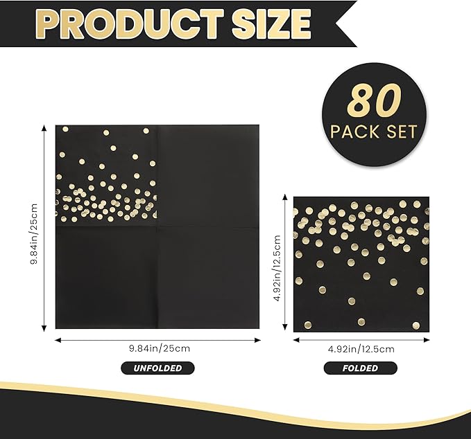 80 Pack of White Paper Cocktail Napkins with Gold Foil Polka Dot Confetti，Polka Dot Party Supplies(5 x 5 in，3-ply) (Black)