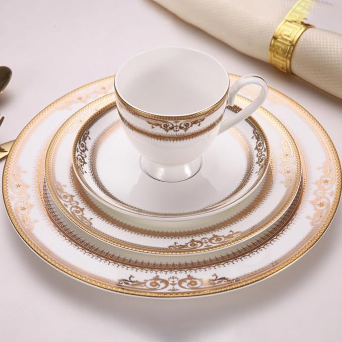 16 pieces bone china dishes set for 4, ceramic plate set with gold thread, elegant royal pattern dinnerware sets for wedding, housewarming, birthday