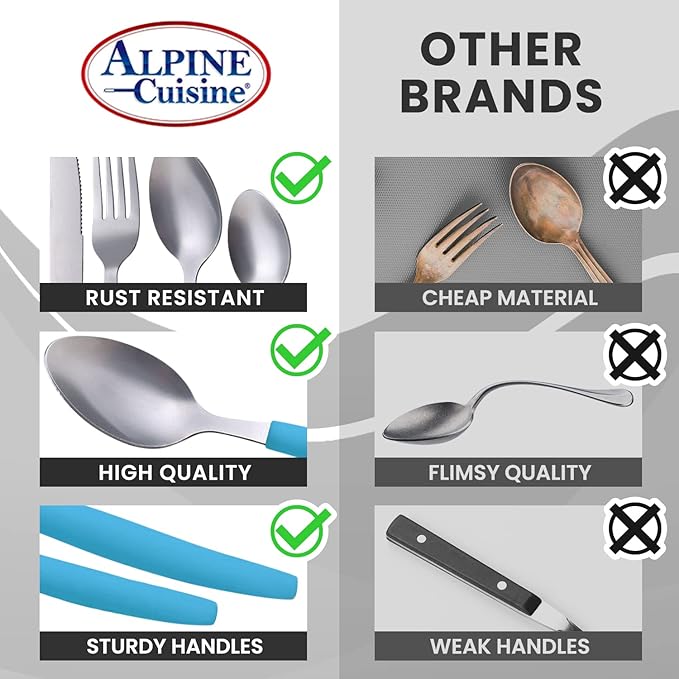 ALPINE CUISINE Flatware Set 16 Piece Service for 4, Stainless Steel Flatware Cutlery Set Includes Dinner Knives/Forks/Spoons - Great for Camping or College Dorms - Dishwasher Safe - Blue