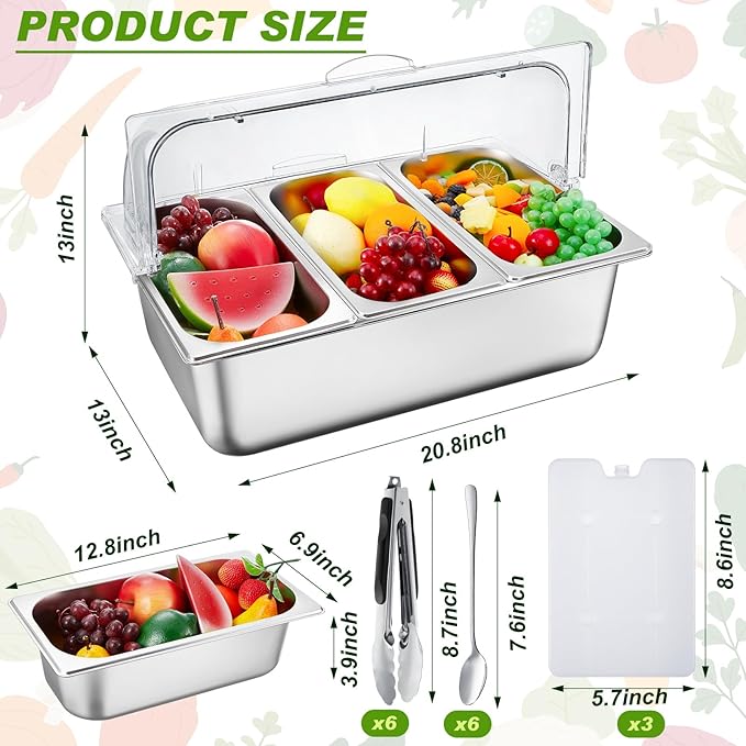 Tessco for you 16 Pcs Ice Food Spice Serving Display Countertop Chilled Condiment Container Set with Lid, Stainless Steel Salad Cold Caddy for Buffet Restaurant Kitchen Party(3 Compartments)