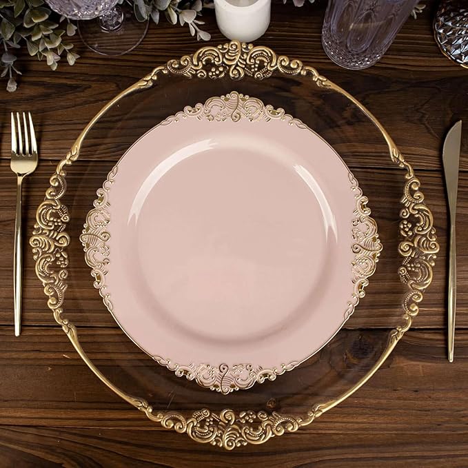 10" Dinner Plates -Set of 10 - Plastic Blush Round Baroque Disposable Chargers Leaf Embossed Rim, Ideal for Dinner Party Wedding Bulk Events