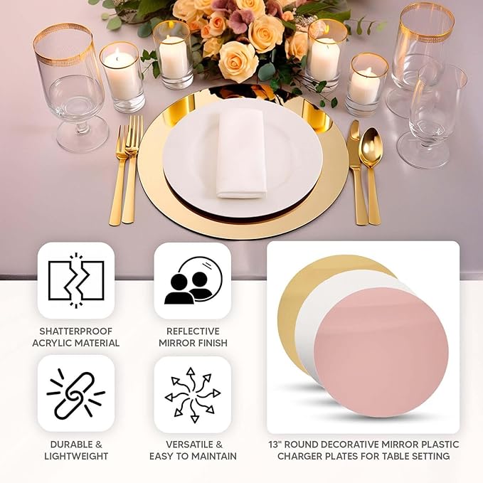 Efavormart 10 Pack Silver Mirror Plastic Charger Plates for Table Setting, 13" Lightweight Round Decorative Dining Plate Chargers