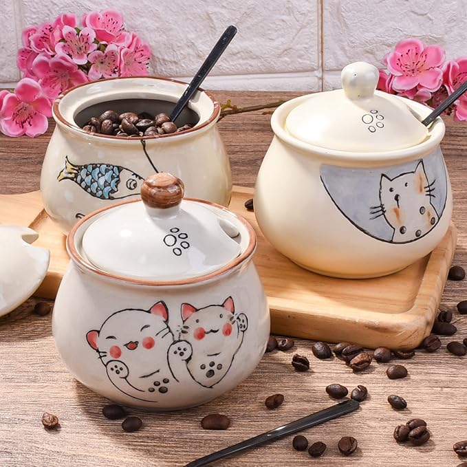 Ceramic Sugar Bowl with Lid and Spoon, Japanese Sugar Bowl with Spoon and Lid (Style 2)