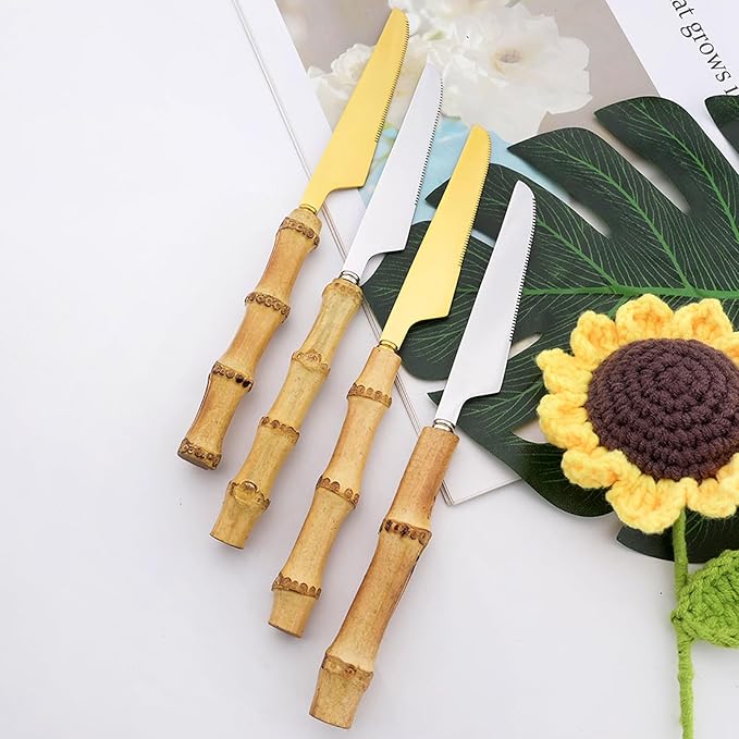 Natural Bamboo 8pcs Dinner Knife, Food Grade Stainless Steel Mirror Polished Sharp Silverware Table Knives Resuable Steak knife, 8.86-inch, Silver