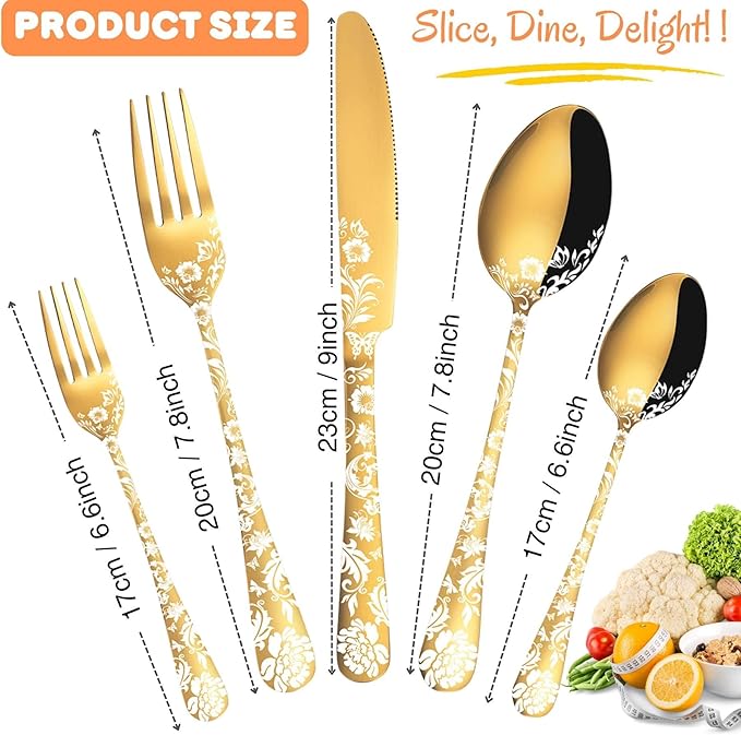 Vilihkc Gold Silverware Flatware Set for 4 Stainless Steel Cutlery Utensil Set, 20 piece Spoon and Fork Set Peony Flower Pattern Design, Mirror Polished Dishwasher Safe