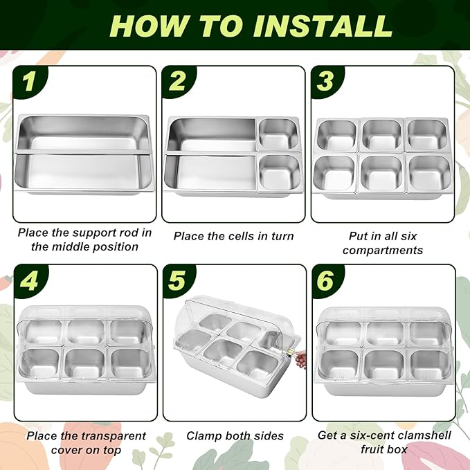 Tessco for you 16 Pcs Ice Food Spice Serving Display Countertop Chilled Condiment Container Set with Lid, Stainless Steel Salad Cold Caddy for Buffet Restaurant Kitchen Party(6 Compartments)
