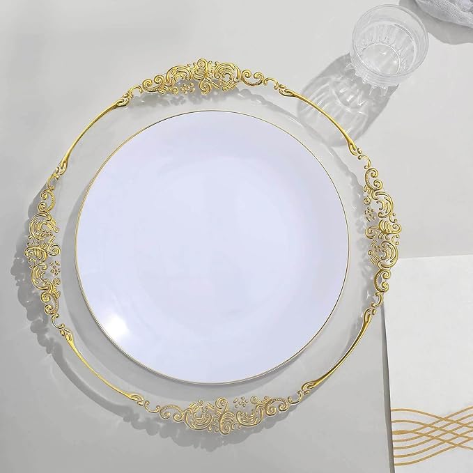 Efavormart 10 Pack | 10" Glossy White Round Plastic Dinner Plates With Gold Rim, Disposable Party Plates