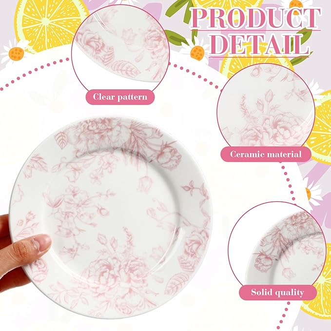 Honeydak 6 Pcs 6 Inch Pink Floral Flower Ceramic Plates Pink and White Porcelain Salad Serving Plate Vintage Dinner Appetizer Dessert Dishes Tableware for Wedding Birthday Tea Party Table Supplies