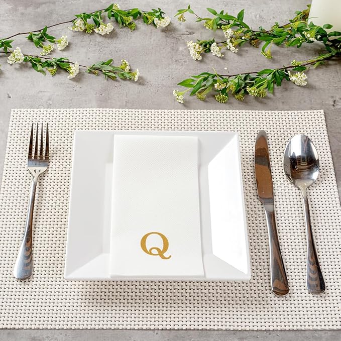 Luxenap 15.8 X 7.9 Inch Linen-Feel Guest Towels, 2000 Lettered Hand Towels - Gold Letter 'Q', Sans Serif Font, White Paper Dinner Napkins, airlaid, For Restrooms And Tables