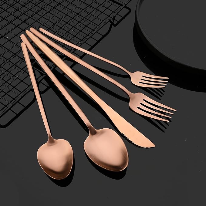 JASHII Modern Silverware Set - 20 Pieces Cutlery Set Matte Rose Gold - Brushed 304 Stainless Steel Flatware Set - Narrow and Long Handle - for Home Dinner and Restaurant