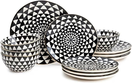 12-Piece Ceramic Dinnerware Set for 4, Plates and Bowls, Microwave and Dishwasher Safe (Black and White)