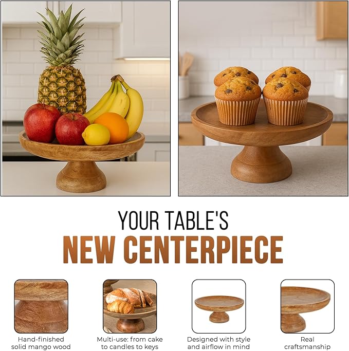 Mela Artisans Wooden Cake Stand 12 Inch | Classic Finish Mango Wood Pedestal Riser | Footed Cupcake & Dessert Stand | Multipurpose Cake Display for Home Decor | Dining Table | Pastries