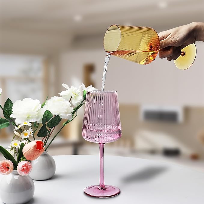Hand Blown Ribbed Wine Glasses with stem, Lead-Free Crystal Glasses, Luxury Gift, Set of 6, Unique, 18oz Premium Wine Goblet, Large capacity, Fluted Design (6pcs mixed colored)