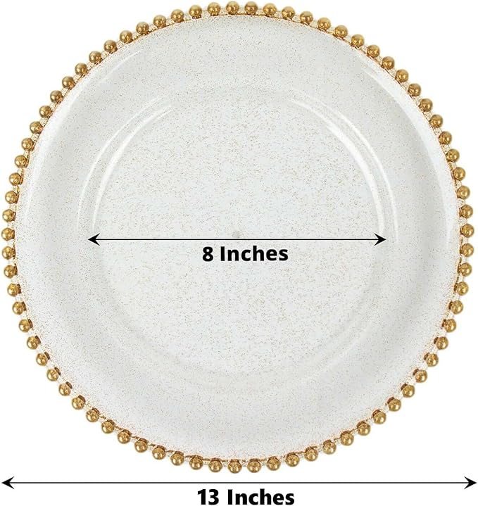 13" Charger Plates - Set of 24 - Clear Gold Round Acrylic Disposable Chargers with Beaded Rim, Ideal for Dinner Party Wedding Bulk Events