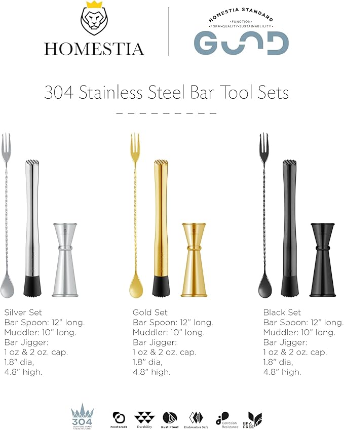 Homestia Muddler for Cocktails Set, 304 Stainless Steel 10" Bar Muddler &12" Cocktail Spoon & Double Jigger, 3 PCS Cocktail Set for Margaritas, Mojitos and Fruit Drinks Bar Tool Set (Gold)