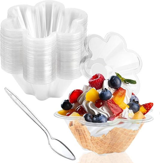 50ct 8oz Plastic Dessert Cups with Spoons, Clear Flower shaped Ice Cream Bowls, Party Sundae Serving Bowls, Parfait Appetizer Cups for Ice Cream, Nuts, and Salad