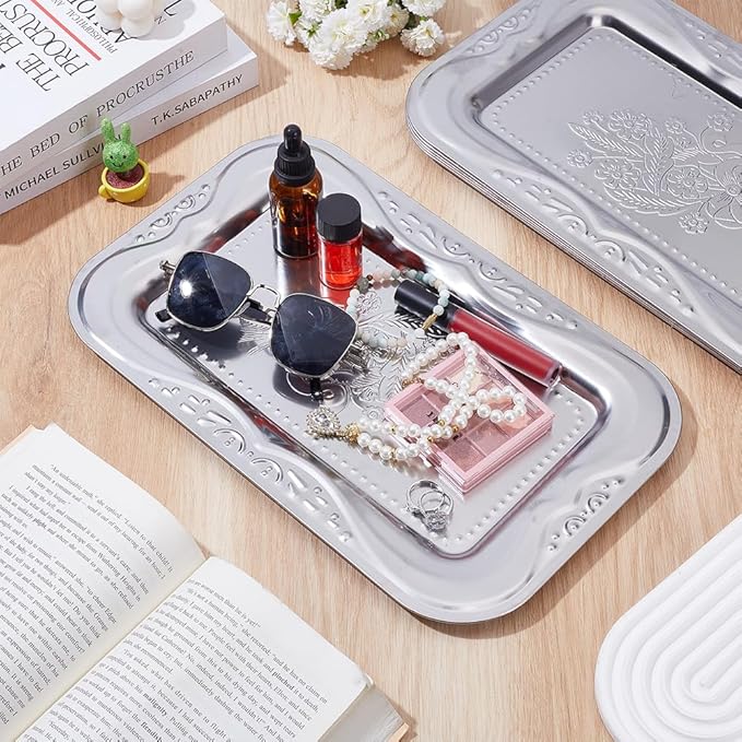 ORIGACH 6 Pack 13.78x8.58 Inch Large Sliver Serving Trays Set, Rectangle Engraved Floral Border Mirror Tray, Stainless Steel Tableware Platters for Cookies, Desserts, Wedding & Birthday Display